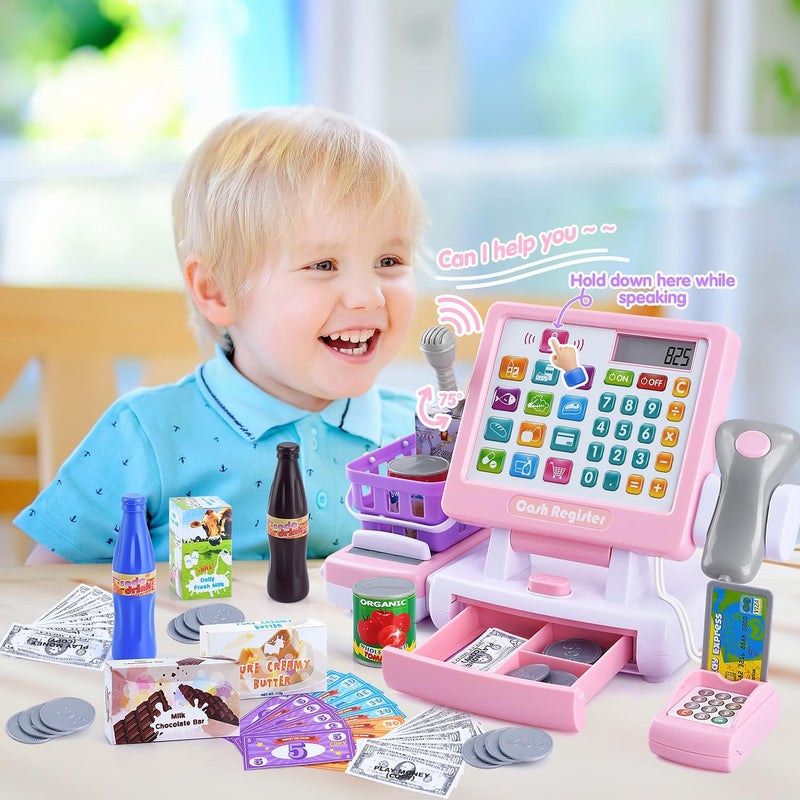 PLAY Kids Cash Register Toy - Pretend Calculator Register Toys with Microphone/Conveyors/ Money/Scanner/Credit Card/Cans/Drink, 3+ Toddler Develops Early Math Skills Learning Toys - Image 4